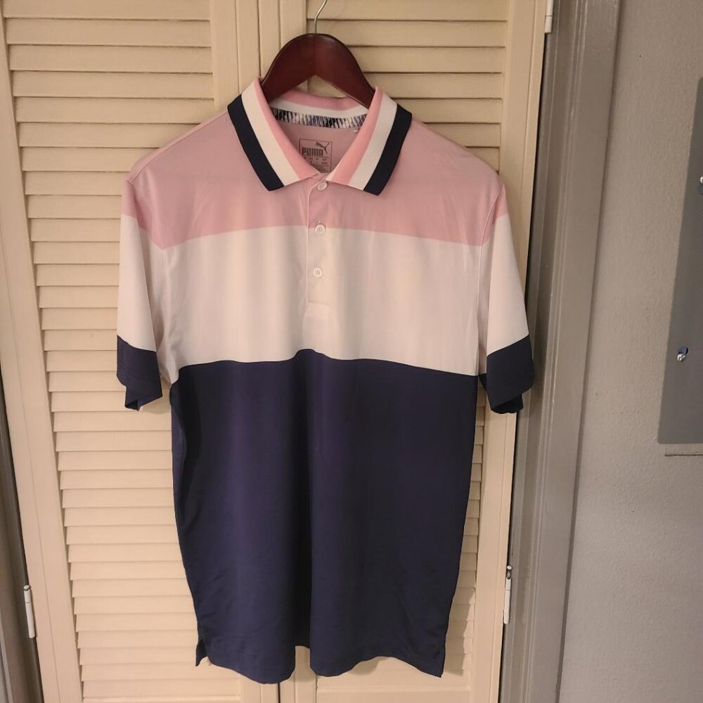 Puma Retro Pink White Blue Stripe Polo Tennis Golf Shirt Medium